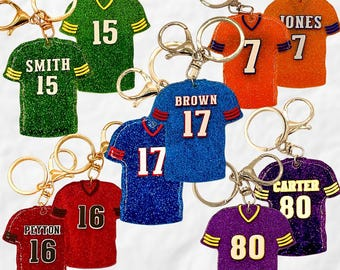 Personalized Football Jersey Keychain Custom Cchool Spirit Gear. Football Mom Gift with Kids Number